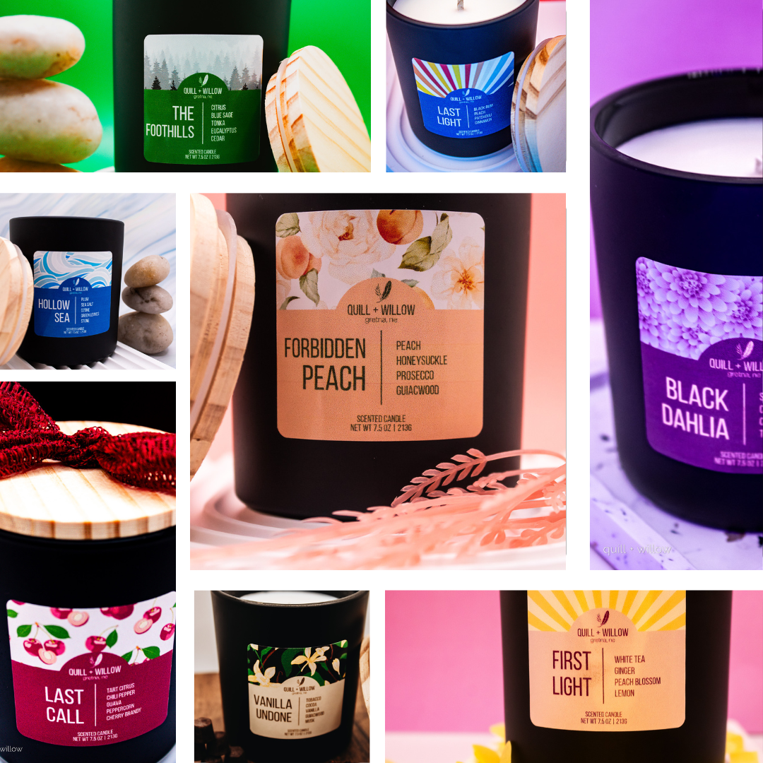 collage of black candles with colorful quill and willow labels