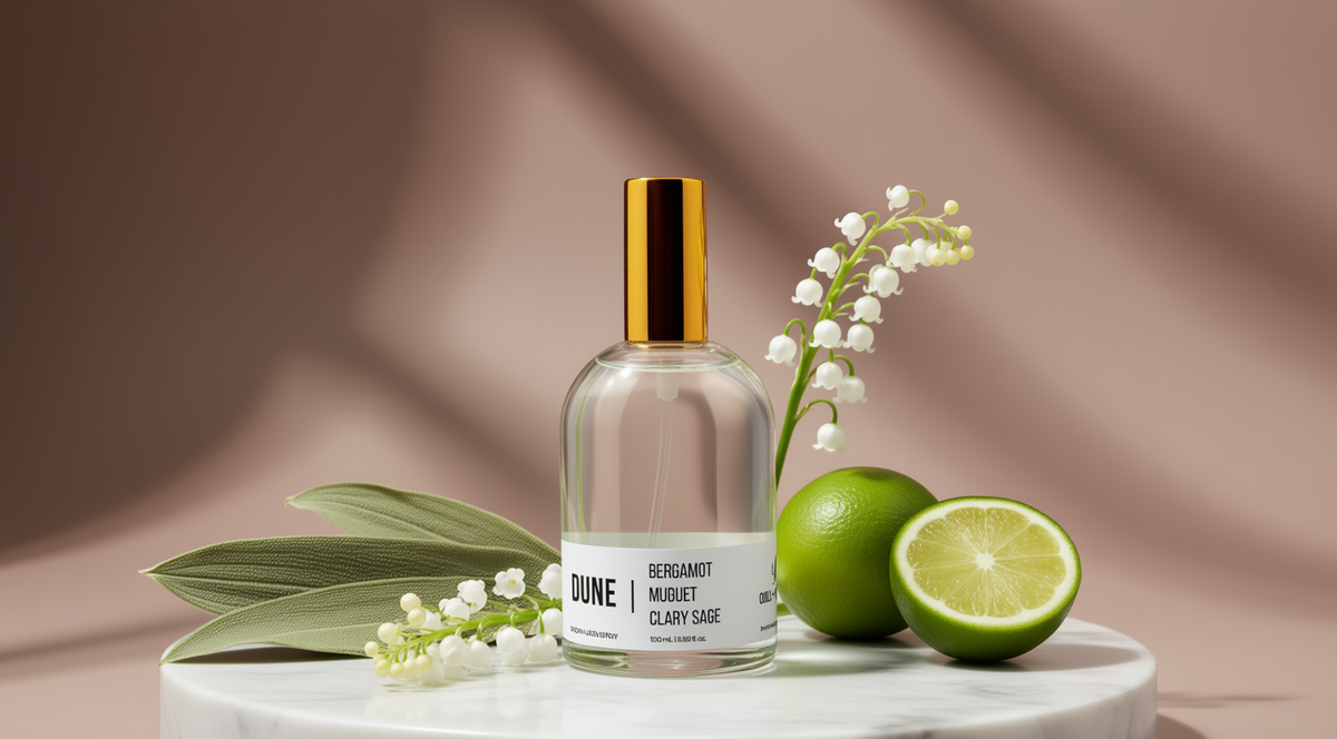 A clear glass bottle with a gold cap and a white label reading 'DUNE' and 'BERGAMOT MUGUET CLARY SAGE' stands on a white marble pedestal. Green limes and white lily-of-the-valley flowers are arranged around it against a warm taupe background with soft shadows.