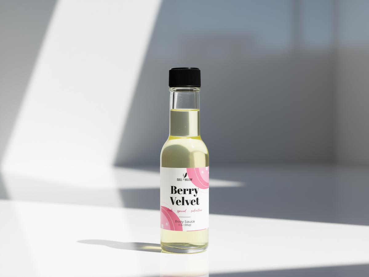 A small clear glass bottle of Berry Velvet syrup with a black cap and a white label featuring pink accents, set on a white surface with dramatic diagonal shadows.