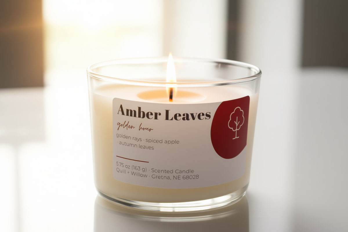 A lit scented candle in a clear glass jar with a white label reading 'Amber Leaves' and a red tree icon, set on a reflective white surface with a softly blurred warm-toned background.