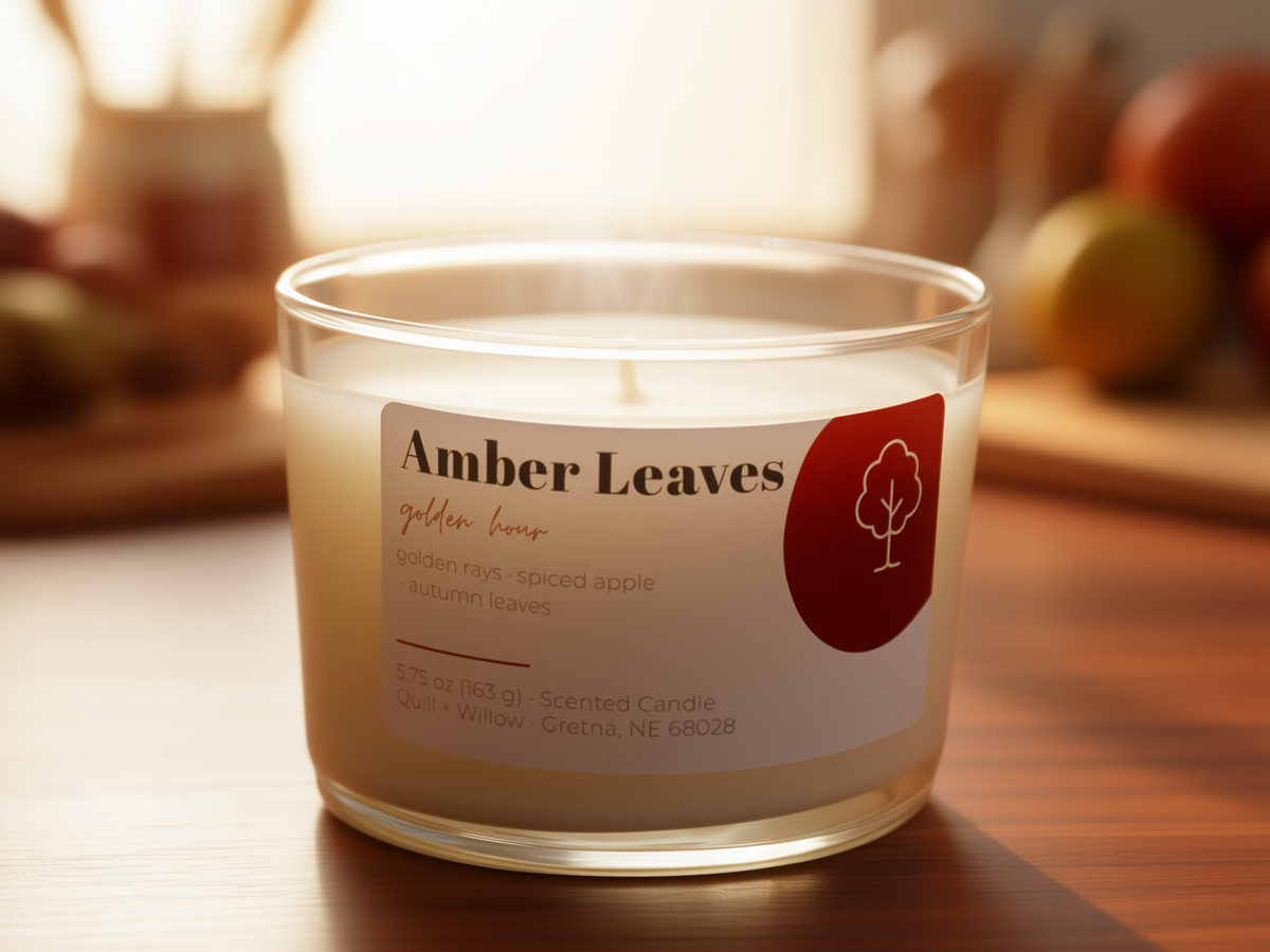 A glass jar candle labeled 'Amber Leaves' sits on a wooden surface with a warm, softly blurred indoor background. The candle has a cream-colored wax and a white label with a red tree icon.
