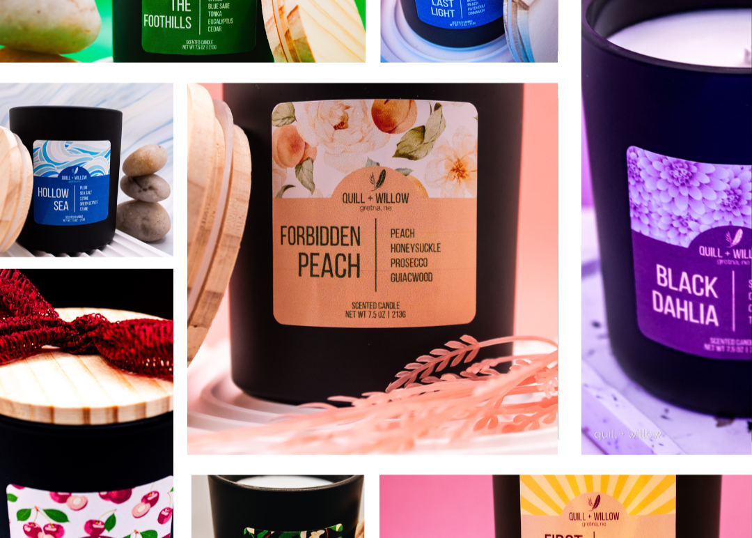 Collage of various candles with different labels and designs.