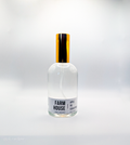Clear glass bottle with black and gold cap on a white background