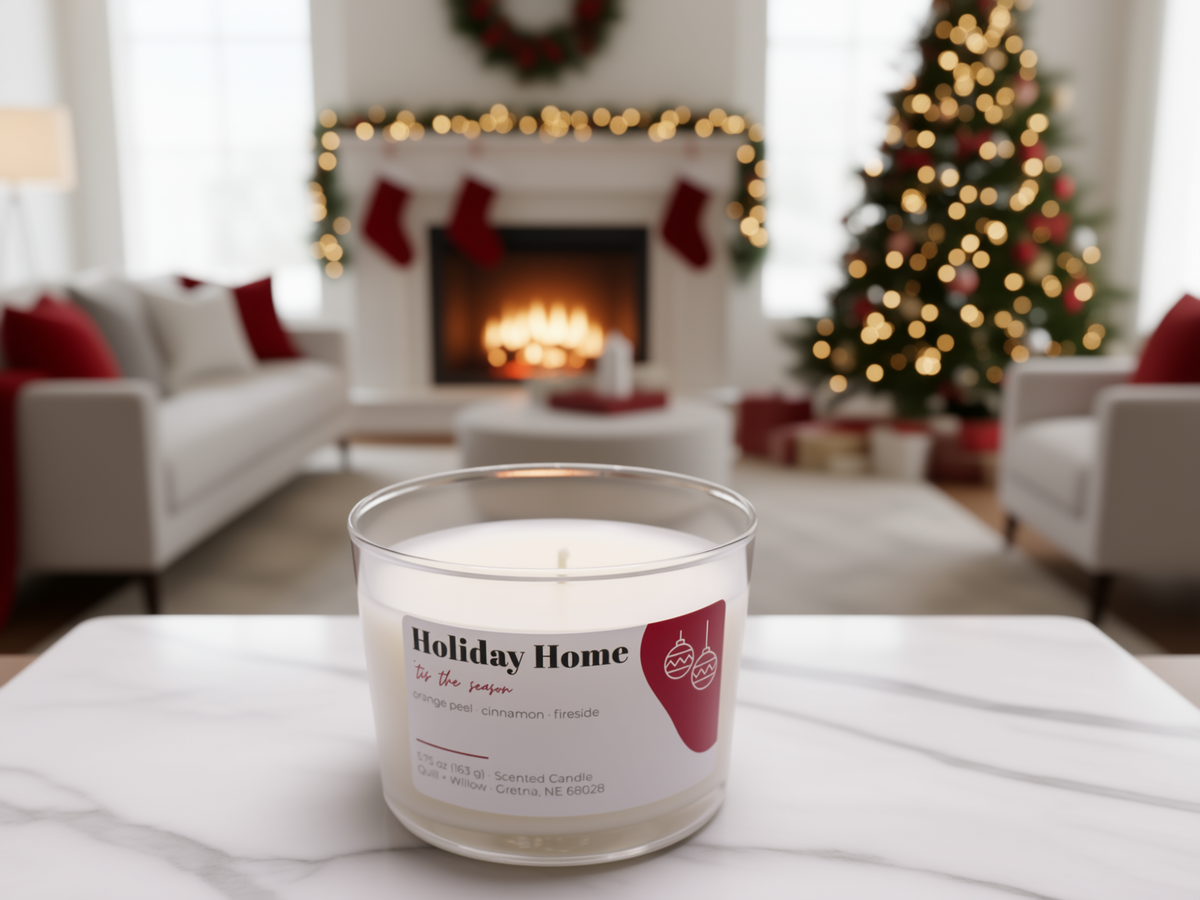 A glass jar candle labeled 'Holiday Home' sits on a white marble surface in a cozy, blurred living room with a fireplace, stockings, and a Christmas tree in the background.
