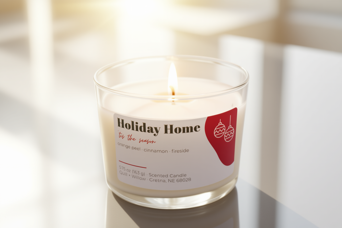 A glass jar candle labeled 'Holiday Home' sits on a white marble surface.