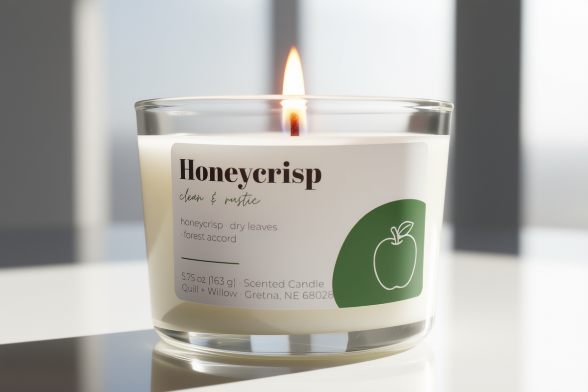 A lit scented candle in a clear glass jar with a white label reading Honeycrisp, set on a reflective white surface with a soft gray background.