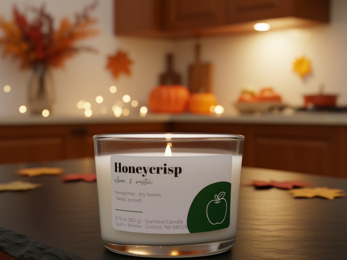 A lit scented candle in a clear glass jar sits on a dark wooden table in a cozy, softly blurred kitchen setting with autumn decorations, pumpkins, and warm string lights in the background. The label reads 'Honeycrisp' and shows a green apple icon.