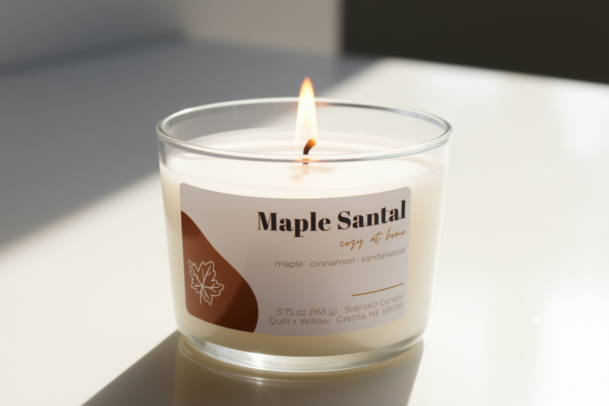 A lit scented candle in a clear glass jar on a white surface with warm sunlight and shadows. The label reads 'Maple Santal' and shows a brown maple leaf graphic.