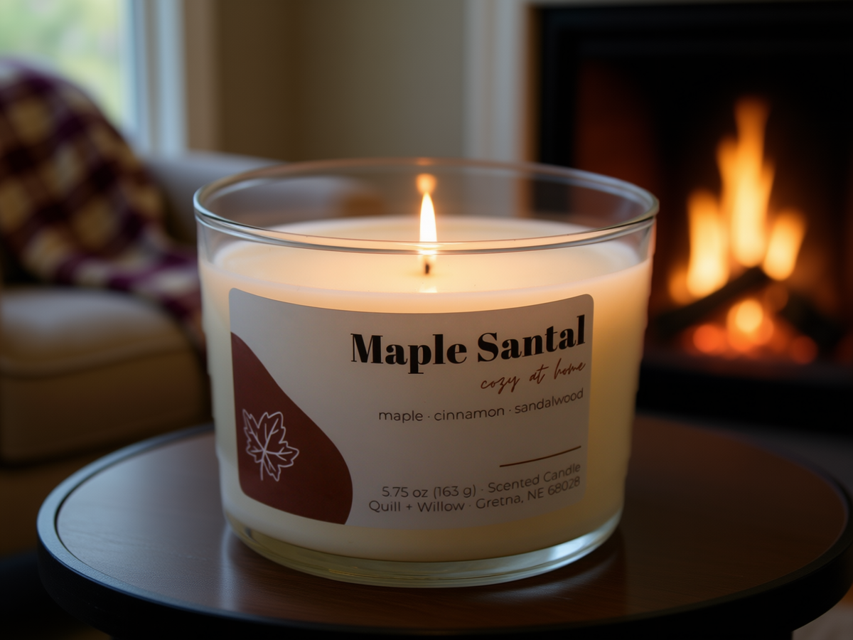 A single-wick scented candle in a clear glass jar labeled 'Maple Santal cozy home' on a dark wood surface with a blurred fireplace background.