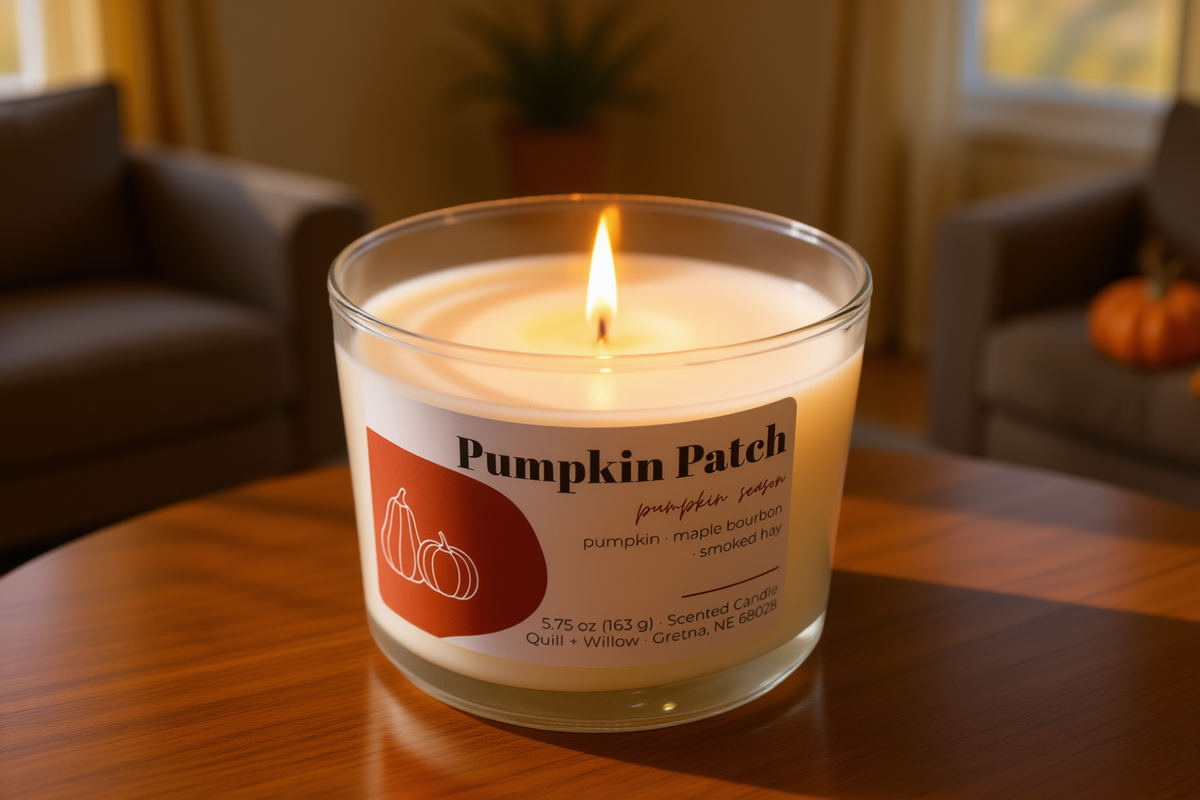 A lit scented candle in a clear glass jar labeled 'Pumpkin Patch' sits on a tabletop with pumpkins and chairs blurred in the background.
