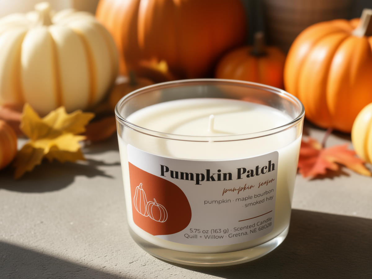 A lit scented candle in a clear glass jar labeled 'Pumpkin Patch' sits on a tabletop with pumpkins and autumn leaves blurred in the background.