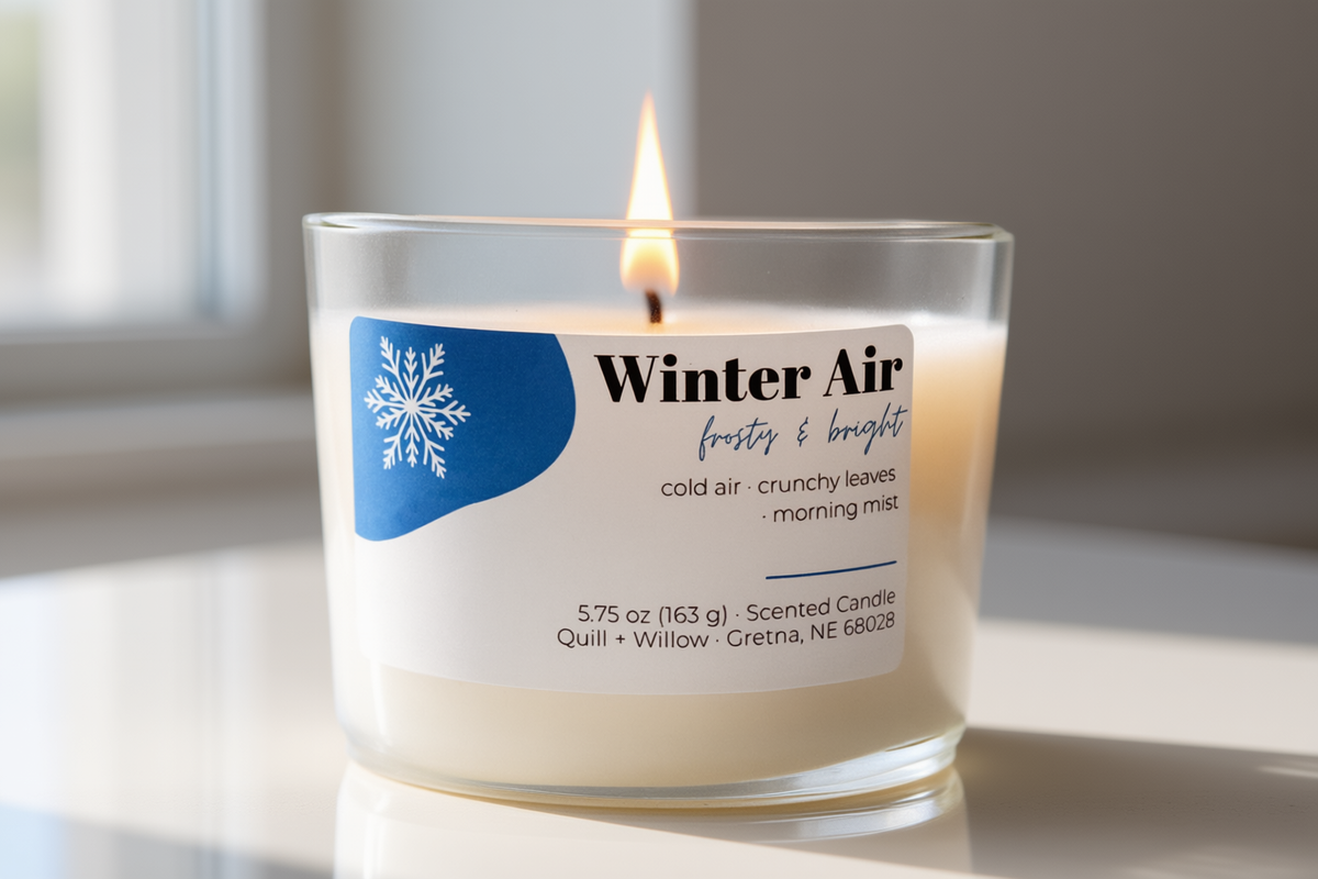 A lit scented candle in a clear glass jar on a reflective white surface, with a softly blurred indoor background. The label reads 'Winter Air' and shows a blue snowflake graphic.