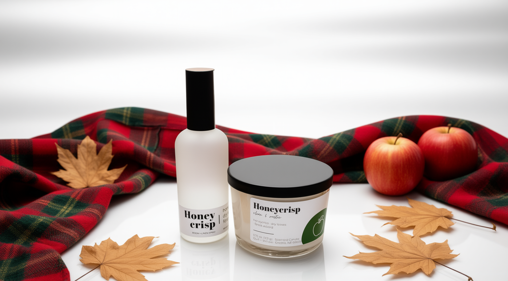 Two Honeycrisp products, a frosted bottle and a glass jar with a black lid, styled on a white surface with a red plaid blanket, maple leaves, and red apples.