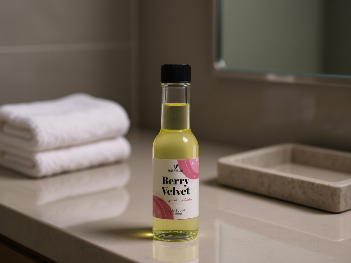 A small glass bottle of Berry Velvet body oil with a black cap and a white label featuring pink accents, standing on a bathroom counter with folded towels and a stone tray in the background.