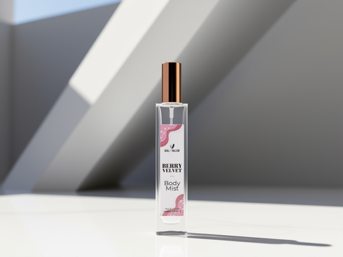 A bottle of Berry Velvet Body Mist with a gold cap and pink label, centered against a neutral background.