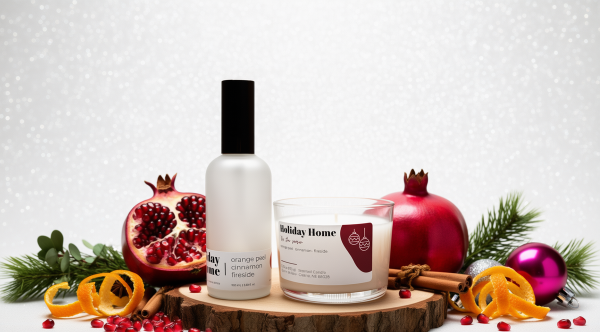 A holiday-themed product display featuring a frosted bottle and a glass jar candle labeled 'Holiday Home' on a wooden slice, surrounded by pomegranates, cinnamon sticks, orange peels, pine branches, and a red ornament against a white sparkly background.