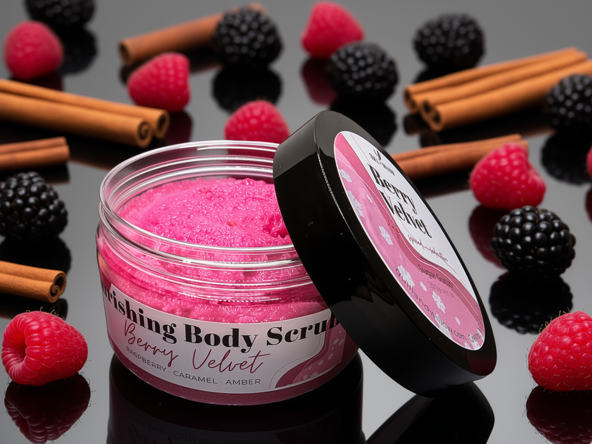 A jar of pink berry velvet body scrub with its lid leaning against it, surrounded by raspberries, blackberries, and cinnamon sticks on a reflective black surface.